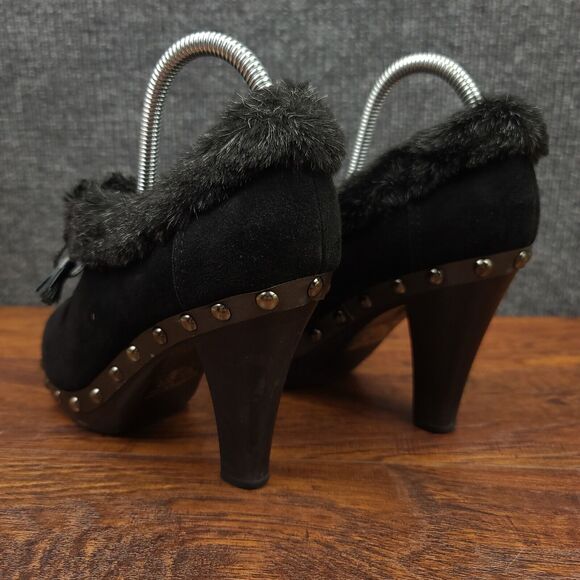 Colin Stuart Faux Fur Trim Heels Womens 8 Black Leather Fabric Studded Dress - Picture 6 of 11